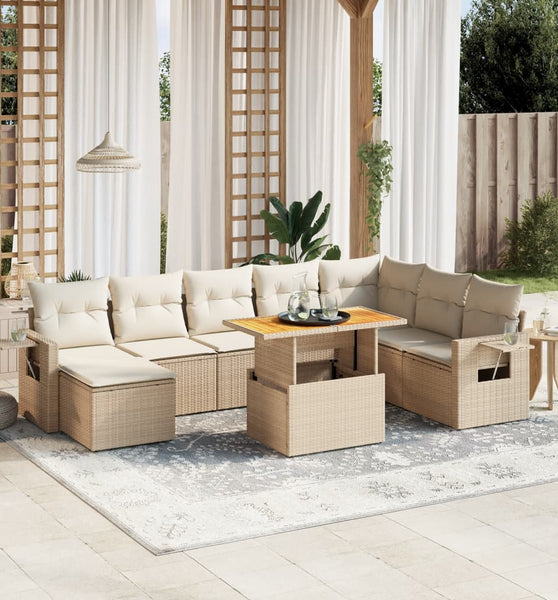 9-tlg. Garten-Sofagarnitur mit Kissen Beige Poly Rattan
