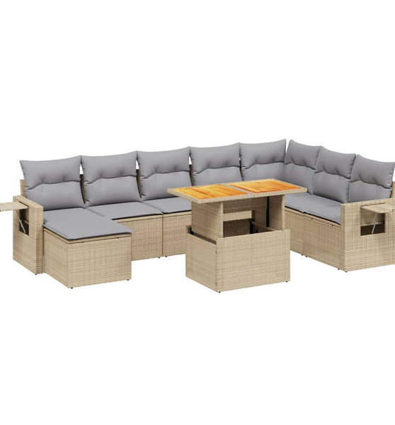 9-tlg. Garten-Sofagarnitur mit Kissen Beige Poly Rattan