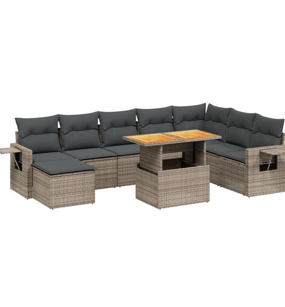 9-tlg. Garten-Sofagarnitur mit Kissen Grau Poly Rattan