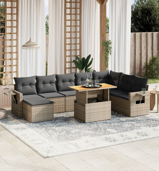 9-tlg. Garten-Sofagarnitur mit Kissen Grau Poly Rattan