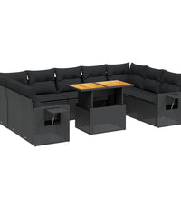 10-tlg. Garten-Sofagarnitur mit Kissen Schwarz Poly Rattan