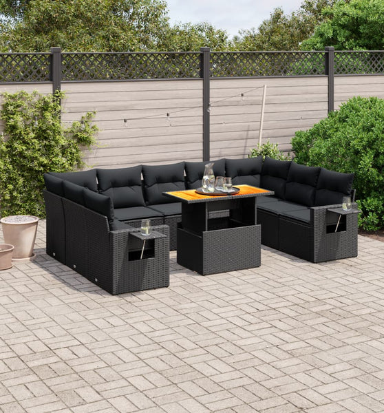 10-tlg. Garten-Sofagarnitur mit Kissen Schwarz Poly Rattan