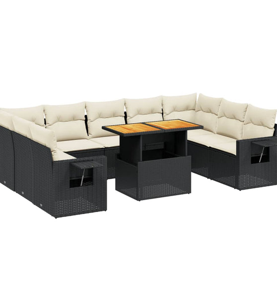 10-tlg. Garten-Sofagarnitur mit Kissen Schwarz Poly Rattan