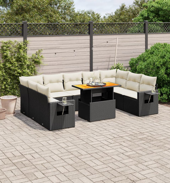 10-tlg. Garten-Sofagarnitur mit Kissen Schwarz Poly Rattan