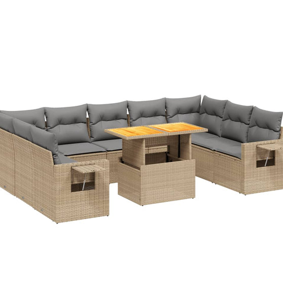 10-tlg. Garten-Sofagarnitur mit Kissen Beige Poly Rattan