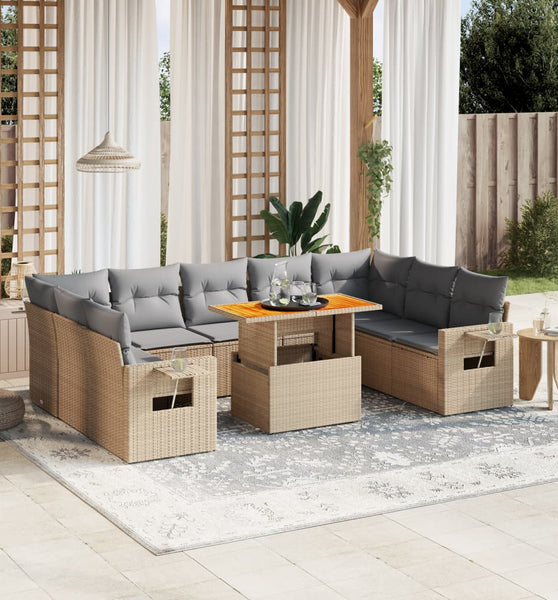 10-tlg. Garten-Sofagarnitur mit Kissen Beige Poly Rattan