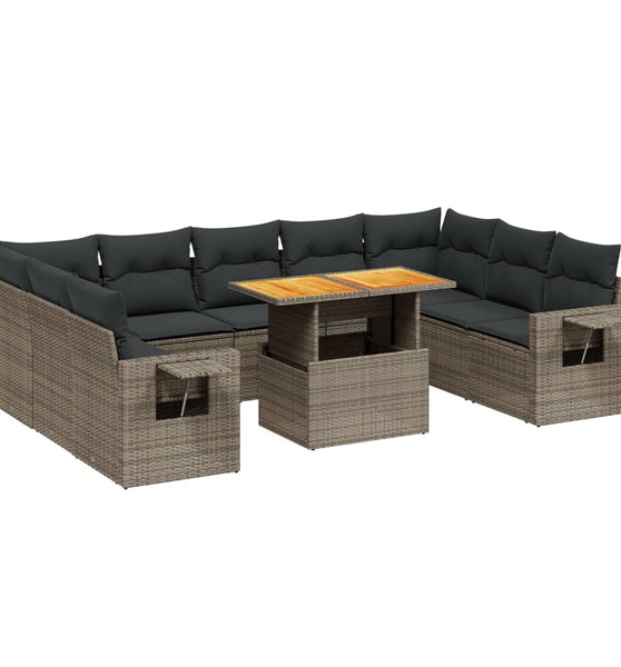 10-tlg. Garten-Sofagarnitur mit Kissen Grau Poly Rattan