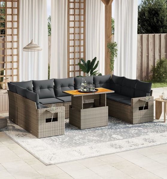 10-tlg. Garten-Sofagarnitur mit Kissen Grau Poly Rattan