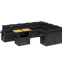 10-tlg. Garten-Sofagarnitur mit Kissen Schwarz Poly Rattan