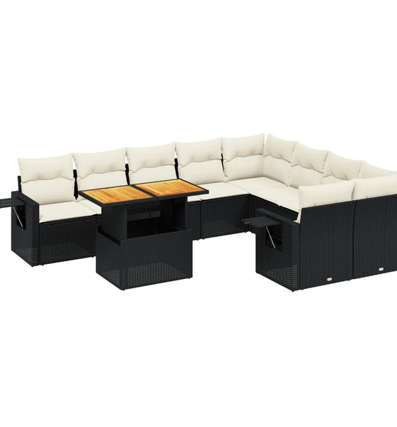 10-tlg. Garten-Sofagarnitur mit Kissen Schwarz Poly Rattan