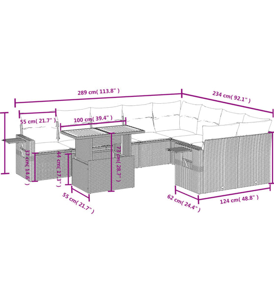 10-tlg. Garten-Sofagarnitur mit Kissen Schwarz Poly Rattan