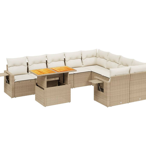 10-tlg. Garten-Sofagarnitur mit Kissen Beige Poly Rattan