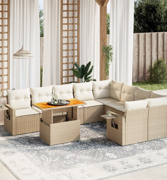 10-tlg. Garten-Sofagarnitur mit Kissen Beige Poly Rattan