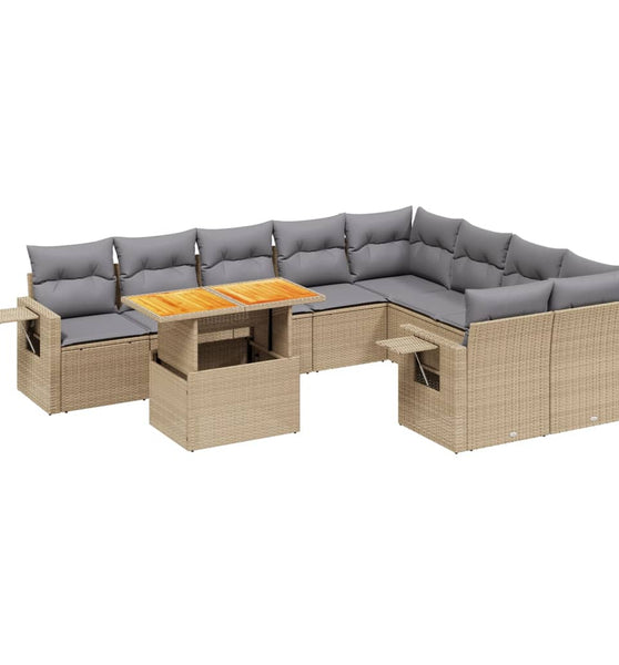 10-tlg. Garten-Sofagarnitur mit Kissen Beige Poly Rattan