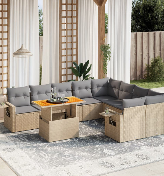 10-tlg. Garten-Sofagarnitur mit Kissen Beige Poly Rattan