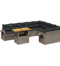 10-tlg. Garten-Sofagarnitur mit Kissen Grau Poly Rattan
