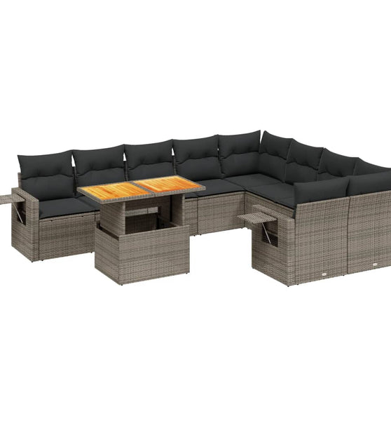 10-tlg. Garten-Sofagarnitur mit Kissen Grau Poly Rattan