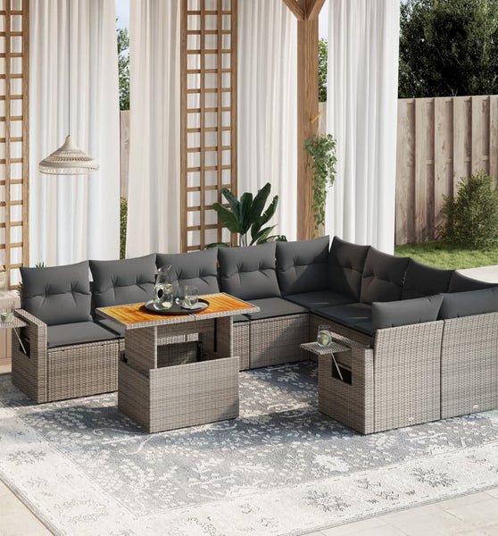 10-tlg. Garten-Sofagarnitur mit Kissen Grau Poly Rattan