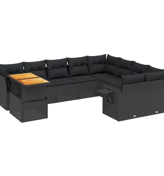 10-tlg. Garten-Sofagarnitur mit Kissen Schwarz Poly Rattan