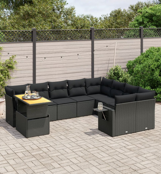 10-tlg. Garten-Sofagarnitur mit Kissen Schwarz Poly Rattan