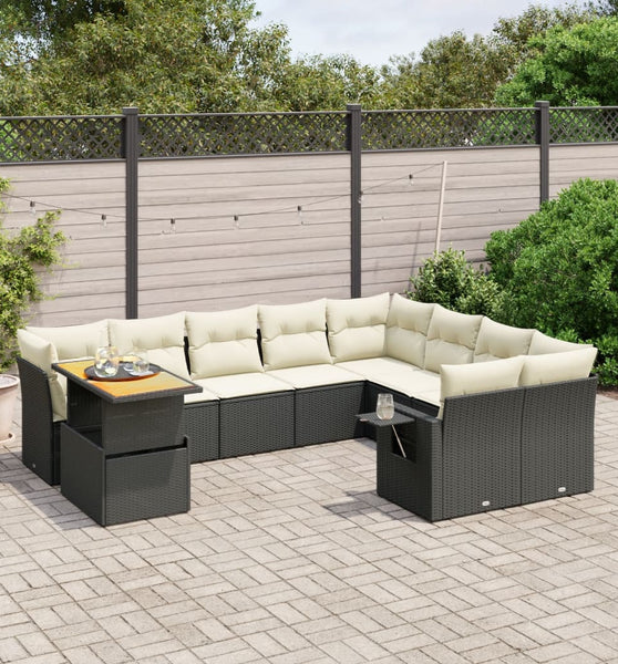10-tlg. Garten-Sofagarnitur mit Kissen Schwarz Poly Rattan