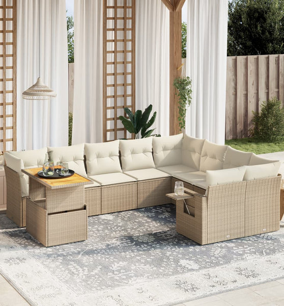 10-tlg. Garten-Sofagarnitur mit Kissen Beige Poly Rattan