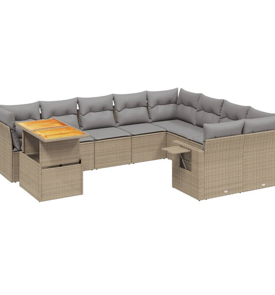 10-tlg. Garten-Sofagarnitur mit Kissen Beige Poly Rattan