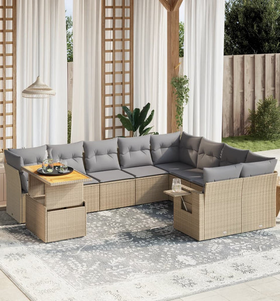 10-tlg. Garten-Sofagarnitur mit Kissen Beige Poly Rattan