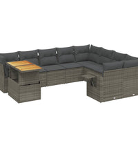 10-tlg. Garten-Sofagarnitur mit Kissen Grau Poly Rattan