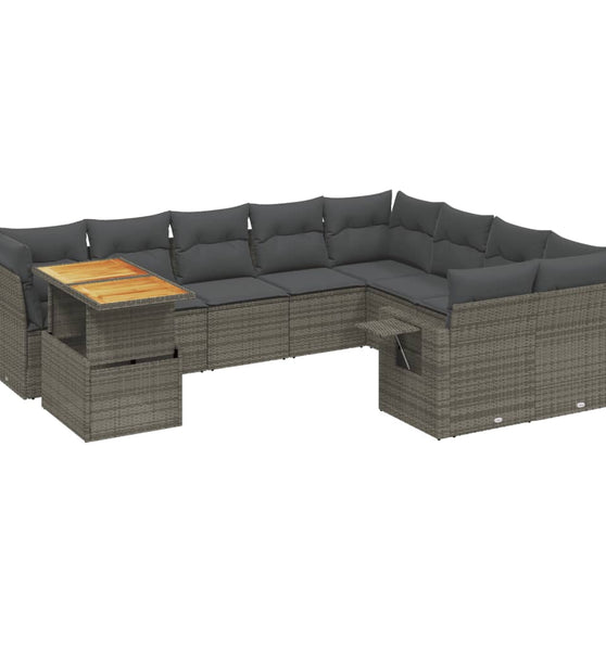 10-tlg. Garten-Sofagarnitur mit Kissen Grau Poly Rattan