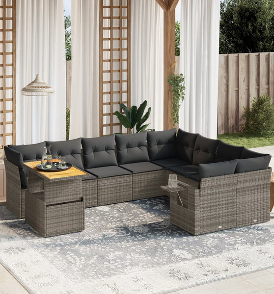 10-tlg. Garten-Sofagarnitur mit Kissen Grau Poly Rattan