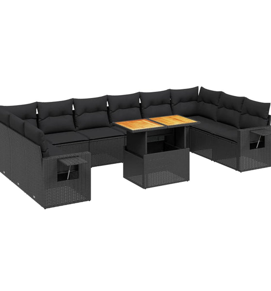 11-tlg. Garten-Sofagarnitur mit Kissen Schwarz Poly Rattan