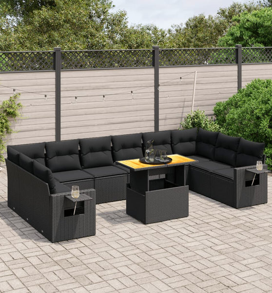 11-tlg. Garten-Sofagarnitur mit Kissen Schwarz Poly Rattan