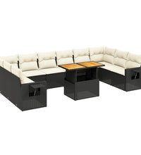 11-tlg. Garten-Sofagarnitur mit Kissen Schwarz Poly Rattan