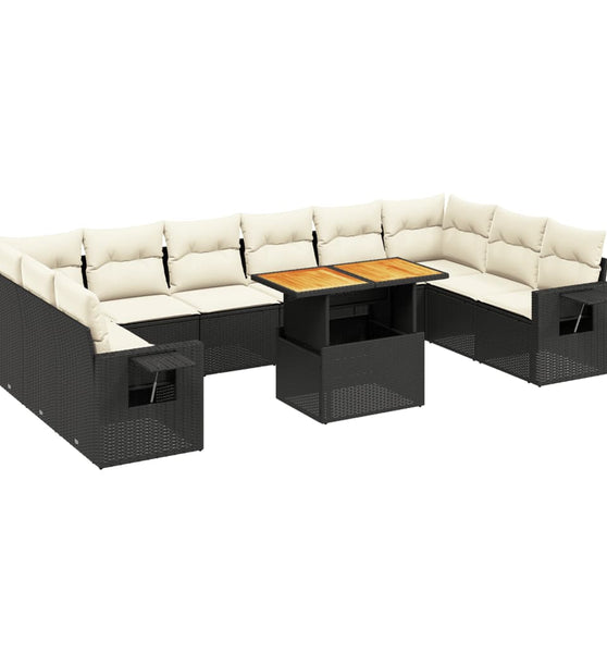 11-tlg. Garten-Sofagarnitur mit Kissen Schwarz Poly Rattan