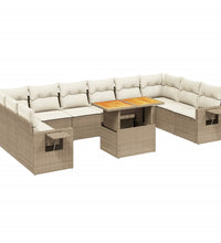 11-tlg. Garten-Sofagarnitur mit Kissen Beige Poly Rattan