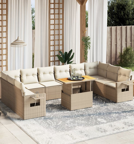 11-tlg. Garten-Sofagarnitur mit Kissen Beige Poly Rattan