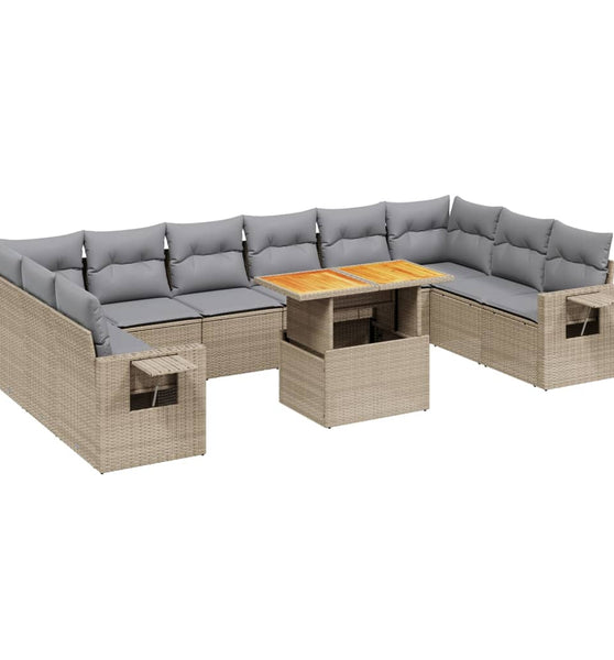 11-tlg. Garten-Sofagarnitur mit Kissen Beige Poly Rattan