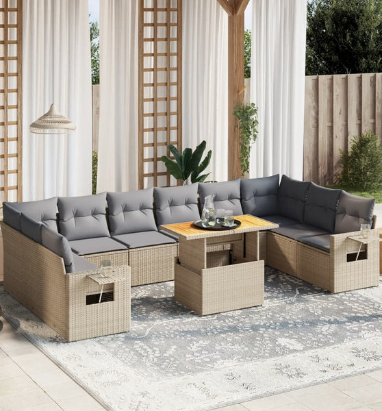 11-tlg. Garten-Sofagarnitur mit Kissen Beige Poly Rattan
