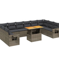11-tlg. Garten-Sofagarnitur mit Kissen Grau Poly Rattan