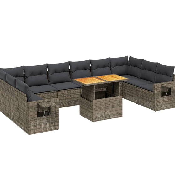 11-tlg. Garten-Sofagarnitur mit Kissen Grau Poly Rattan