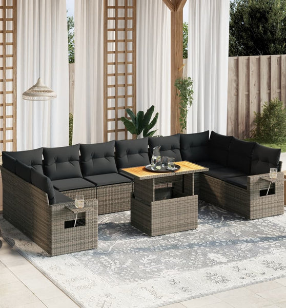 11-tlg. Garten-Sofagarnitur mit Kissen Grau Poly Rattan