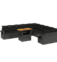 11-tlg. Garten-Sofagarnitur mit Kissen Schwarz Poly Rattan