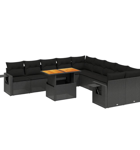 11-tlg. Garten-Sofagarnitur mit Kissen Schwarz Poly Rattan