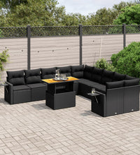 11-tlg. Garten-Sofagarnitur mit Kissen Schwarz Poly Rattan