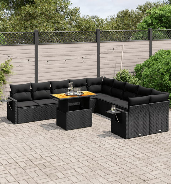 11-tlg. Garten-Sofagarnitur mit Kissen Schwarz Poly Rattan