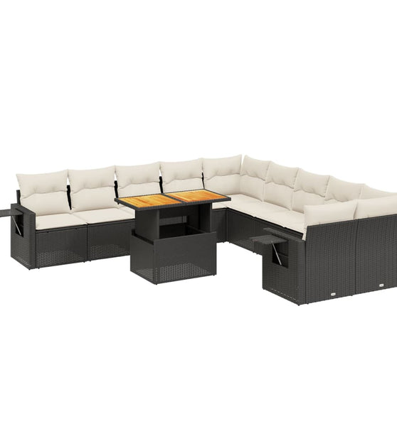 11-tlg. Garten-Sofagarnitur mit Kissen Schwarz Poly Rattan