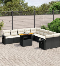 11-tlg. Garten-Sofagarnitur mit Kissen Schwarz Poly Rattan