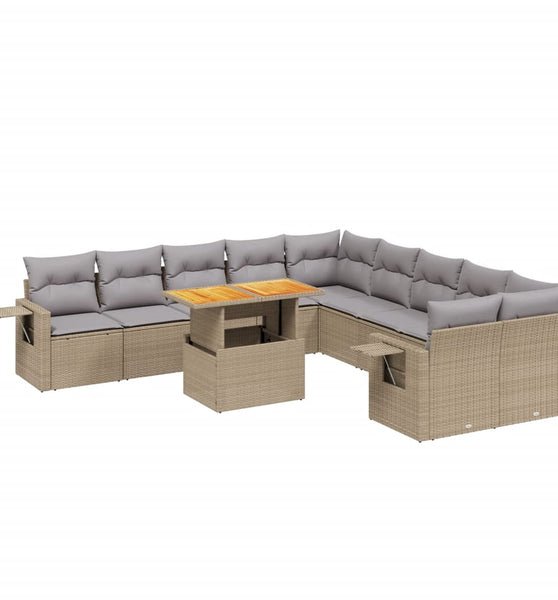 11-tlg. Garten-Sofagarnitur mit Kissen Beige Poly Rattan