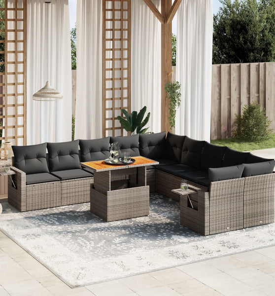 11-tlg. Garten-Sofagarnitur mit Kissen Grau Poly Rattan